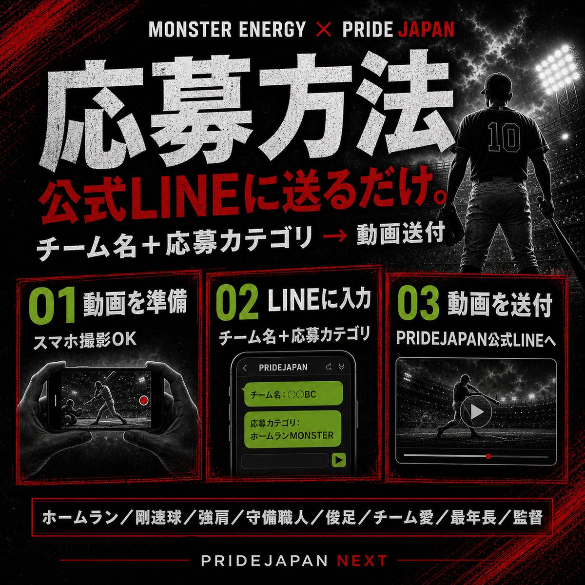 PRIDEJAPAN2015's tweet photo. 応募方法は、公式LINEに送るだけ。

あなたのチームの“MONSTER”な瞬間を撮影して、
PRIDEJAPAN公式LINEへ送付。

公式LINE
https://t.co/Utl5ZpjPdO
応募の流れは3ステップ。

01 動画を準備
スマホ撮影OK。
ホームラン、剛速球、強肩、守備職人、俊足、チーム愛、最年長、監督など、
あなたのチームらしさが伝わる動画を用意。

02 LINEに入力
チーム名＋応募カテゴリを入力。

例：
チーム名：〇〇BC
応募カテゴリ：ホームランMONSTER

03 動画を送付
PRIDEJAPAN公式LINEへ動画を送れば応募完了。

その動画、眠らせるな。
あなたのチームに眠る“MONSTER”を、全国へ。

対象カテゴリ：
ホームラン／剛速球／強肩／守備職人／俊足／チーム愛／最年長／監督

※動画内に第三者が映る場合は、本人の同意を得たうえでご応募ください。
※応募動画は企画・告知・選考・紹介等で使用させていただく場合があります。

締切：7/25(金) 23:59

#PRIDEJAPAN
#PRIDEJAPANNEXT
#MONSTERENERGY
#FINDYOURMONSTER
#草野球
#草野球チーム
#野球動画
#ホームラン
#剛速球
#強肩
#守備職人