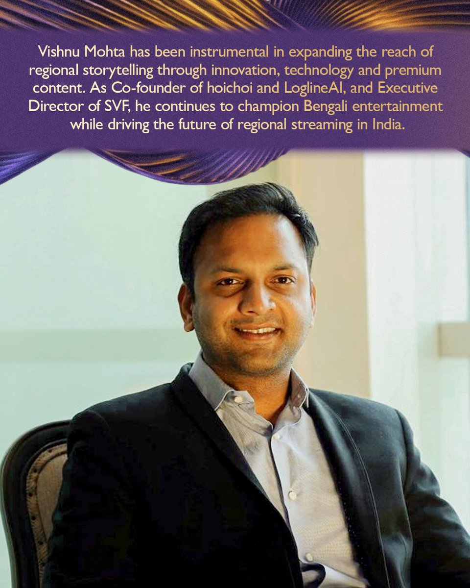 StreamingAwards's tweet photo. Presenting the ISAA Power List 2026.

Honouring the personalities whose contributions over the past 12 months have left a lasting impact on India's streaming industry and earned them a place on this year's list.

@VishnuMohta , Co-Founder, LoglineAI & @hoichoitv  | Executive Director, @SVFsocial, has been a driving force behind the rise of regional streaming in India, building hoichoi into a leading platform for Bengali entertainment while championing original storytelling, technological innovation, and the global reach of regional content.

Congratulations on being featured in the Indian Streaming Academy Awards Power List 2026.

ISAA 3rd Edition
 July 18 • Fairmont Mumbai
 info@streamingacademy.in

#ISAA2026 #IndianStreamingAcademyAwards #PowerList2026 #StreamingExcellence #OTTIndia