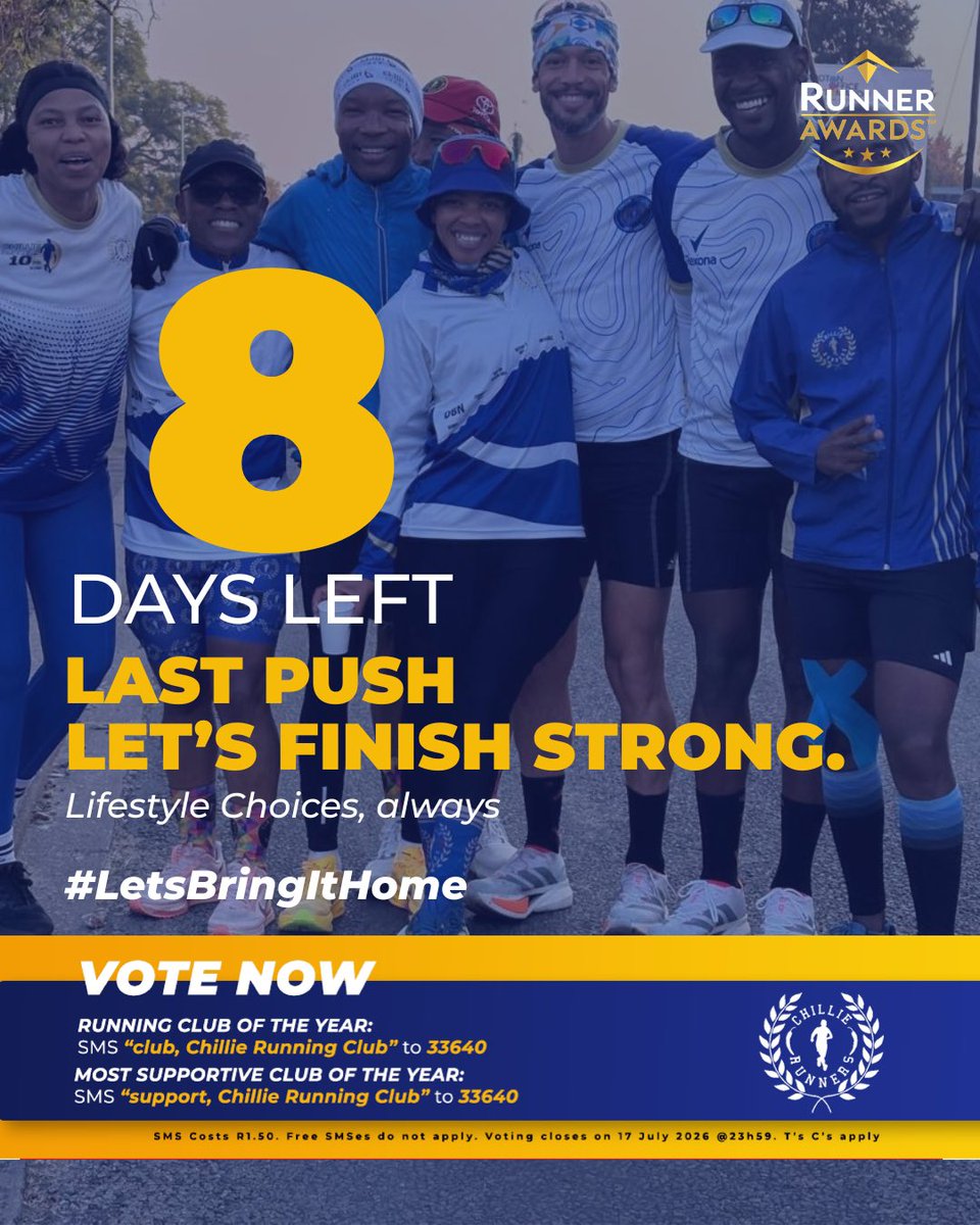 ChillieRunners's tweet photo. 8 DAYS LEFT! π
One final push! Help us bring it home.
π Running Club of the Year:β¨SMS "club, Chillie Running Club" to 33640
π Most Supportive Club of the Year:β¨SMS "support, Chillie Running Club" to 33640
Every vote matters. π€©
#LetsBringItHome #RunnerAwards https://t.co/qI9ZJdbOqk