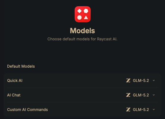 mei_ymd_'s tweet photo. raycastのAI機能久々に確認してたらglm-5.2がRaycast Proでも使えていいね

しかもskills使えることに今更気づいたからagent-browserとか使ってさらにスクリプトコマンドでガリガリ書いてた処理とかよしなにやってもらえそう https://t.co/MVX9ANgmQb