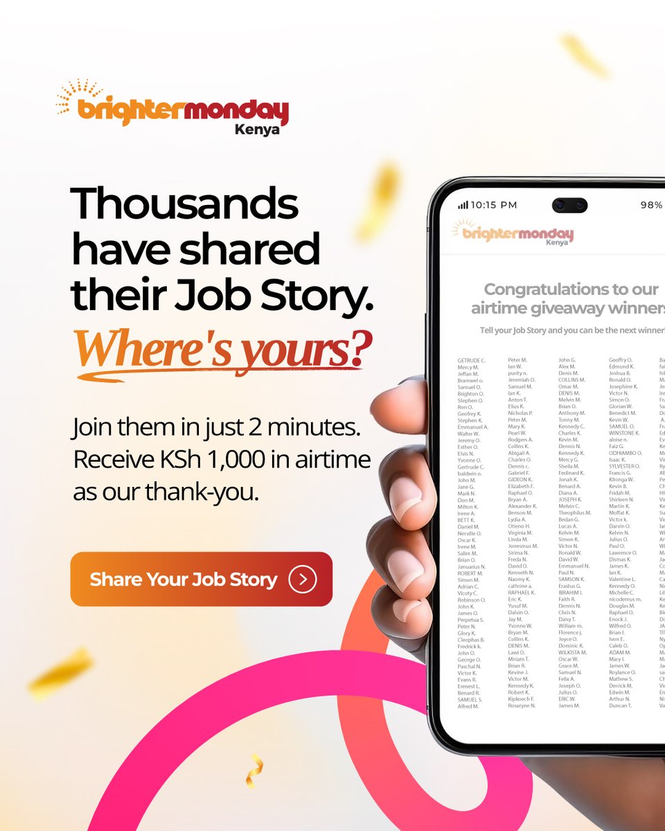 BrighterMonKE's tweet photo. From "applied" to "hired", thousands have shared how BrighterMonday changed their #jobhunt. Now it's your turn to tell. Spill your Job Story (2 mins, that's it) and walk away with KSh 1,000 airtime. Where's YOUR story 📲https://t.co/TS7kimUuRc
#giveaway #airtime #tellyourstory https://t.co/OT6CEEU6nd