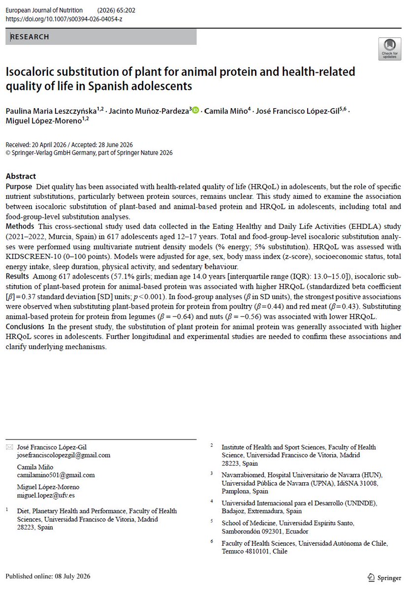 Jacinto_MP_'s tweet photo. 🆕Just published 🔥
➡️In 617 adolescents (57.1% girls) replacing 5% of energy from animal with plant protein was associated with better health-related quality of life (β=0.37; p<0.001)🌱📈

Let’s keep working: @JFLopezGil and @nutreconciencia 💪
👇📜
🔗https://t.co/hwyF7EgzaE https://t.co/rV5DA4WRvi