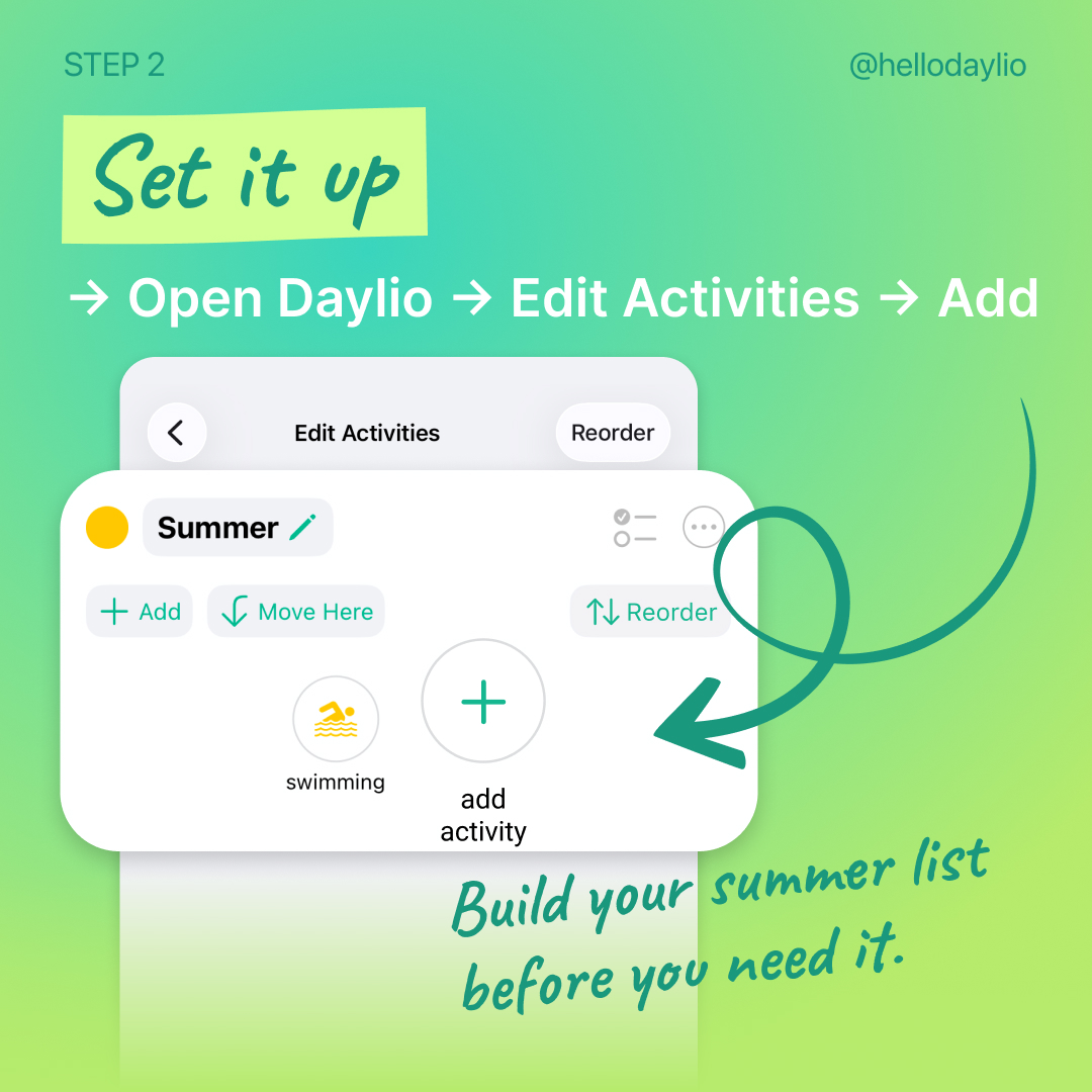 hellodaylio's tweet photo. Summer days look different. 🌿
More time outside, more small moments worth tracking. See the full 3-step summer activity list carousel on IG.
What’s the first activity you’d add? #DaylioFeature #Summer #DaylioActivities #Carousel #MeaningfulMoments #MoodTracking #Daylio #Journal https://t.co/1JdO0mVKwe