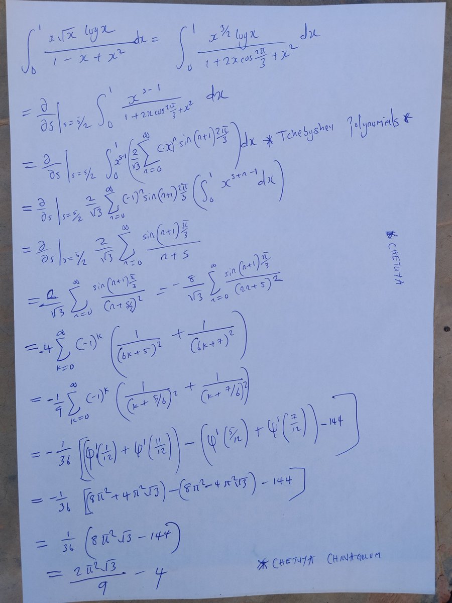 Chetuyachinago's tweet photo. Here is my solution to this beautiful Integral featuring the Tchebyshev Polynomials of the Second Kind and properties of the Polygamma Function. https://t.co/jp8eSnenYb