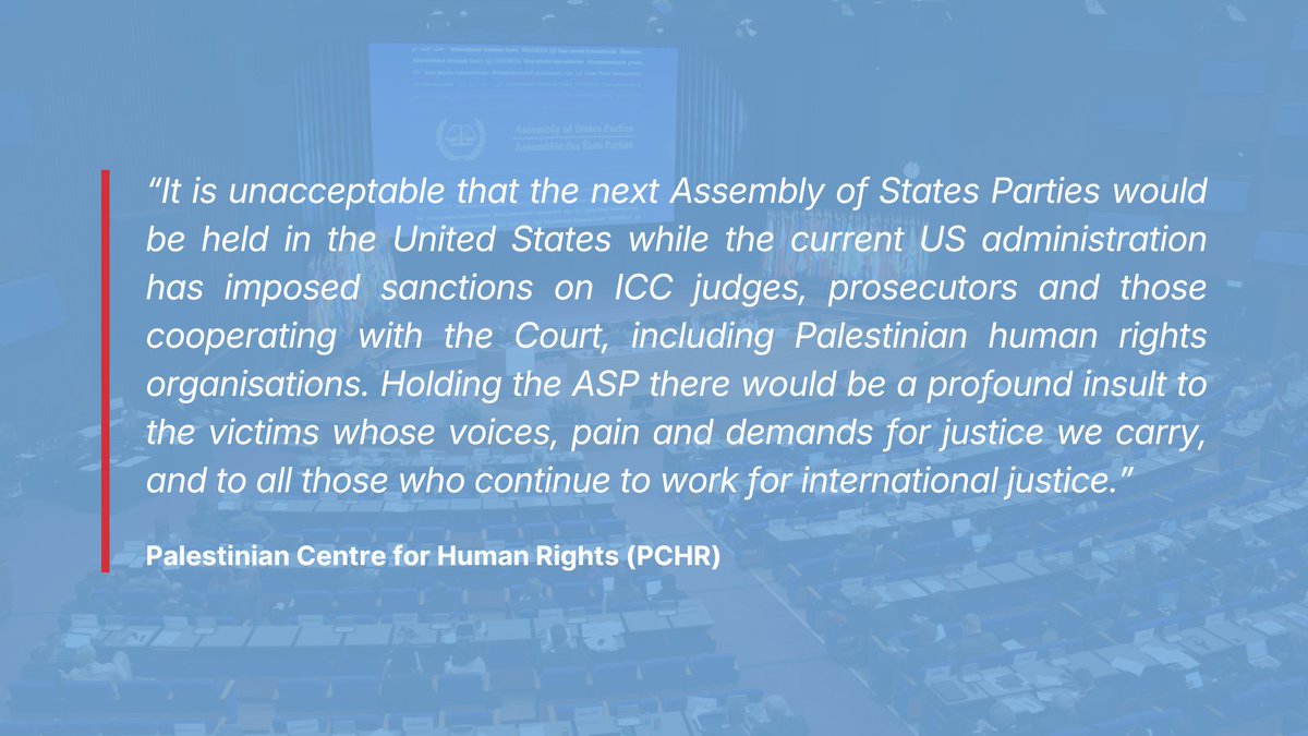 ngos4justice's tweet photo. 🔴Scheduled to take place in New-York in December 2026, holding the ASP there would severely hinder the participation of civil society, in light of the U.S. sanctions imposed on ICC officials and civil society organisations.

📌 Read our statement: https://t.co/mczuZ8ebCr https://t.co/GYDkndM0zf