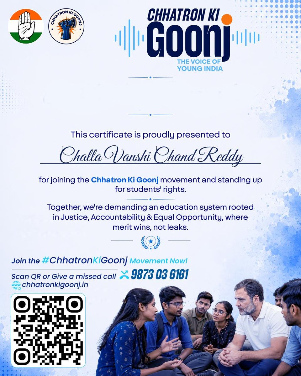 VamsiChandReddy's tweet photo. Your Voice Can Change India's Education System

Every student deserves a fair chance to succeed through merit, not paper leaks.

Join the Chhatron Ki Goonj movement and stand for justice, accountability, transparency, and equal opportunities in education. Together, let's build a future where every student's hard work is respected and every exam is fair.

Scan the QR code or give a missed call to 9873 03 6161 and become a part of this nationwide movement.

Your voice matters. 
Your participation matters. 

Join today!

#ChhatronKiGoonj #VoiceOfYoungIndia