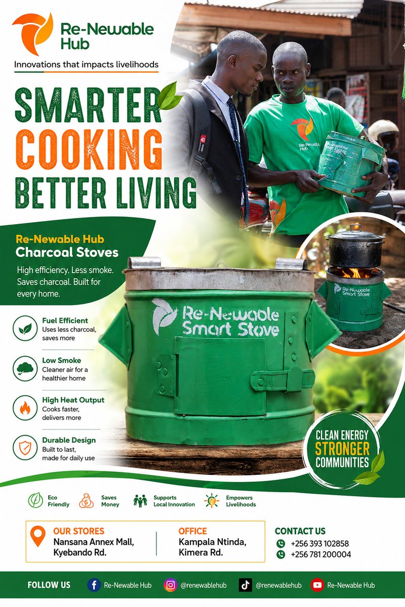 RenewableHub's tweet photo. 🔥 Cook smarter with the Re-Newable Hub Smart Charcoal Stove!

✅ Less charcoal
✅ Less smoke
✅ Faster cooking
✅ Saves money
✅ Built to last
🌿 Innovations that impacts livelihoods.
📍 Nansana Annex Mall | Ntinda, Kimera Rd
📞 +256 393 102858 | +256 781 200004
#ReNewableHub https://t.co/ZhcNYvNnMo
