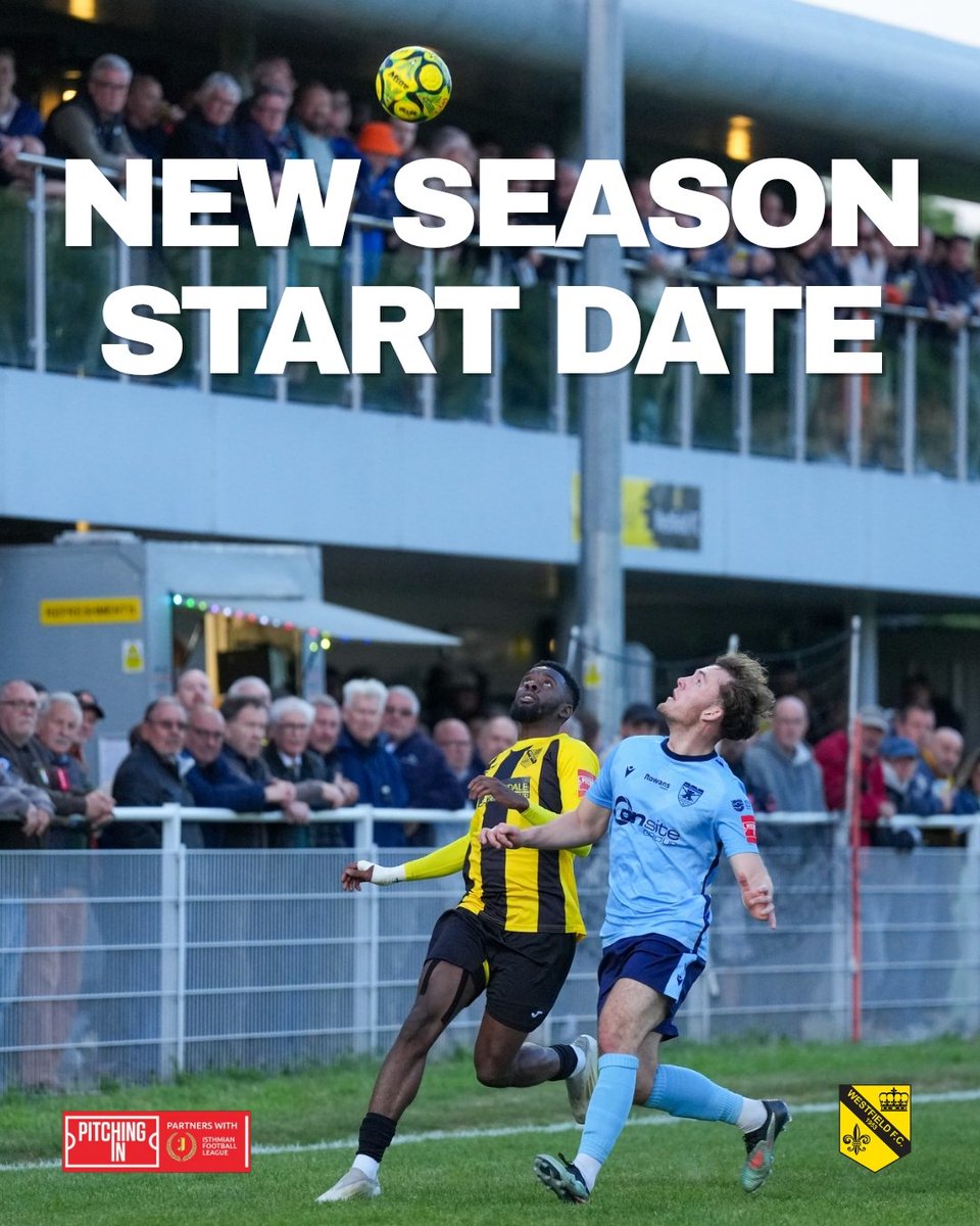 westfield_fc's tweet photo. The @IsthmianLeague has announced the start date for the 2026/27 campaign 🗓️

Owing to the Field not participating in the Extra Preliminary round of the FA Cup, our league season will begin on Saturday 8 August ⚽

🟡⚫

#westfieldfc https://t.co/HfADR6foRo