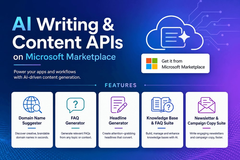 MichaelSmith24h's tweet photo. Simplify content creation with our AI Writing &amp; Content APIs on Microsoft Marketplace! From auto-generating FAQs to crafting entire campaigns, we've got you covered with six powerful tools. #ContentCreation https://t.co/ZG5TtXUoJN