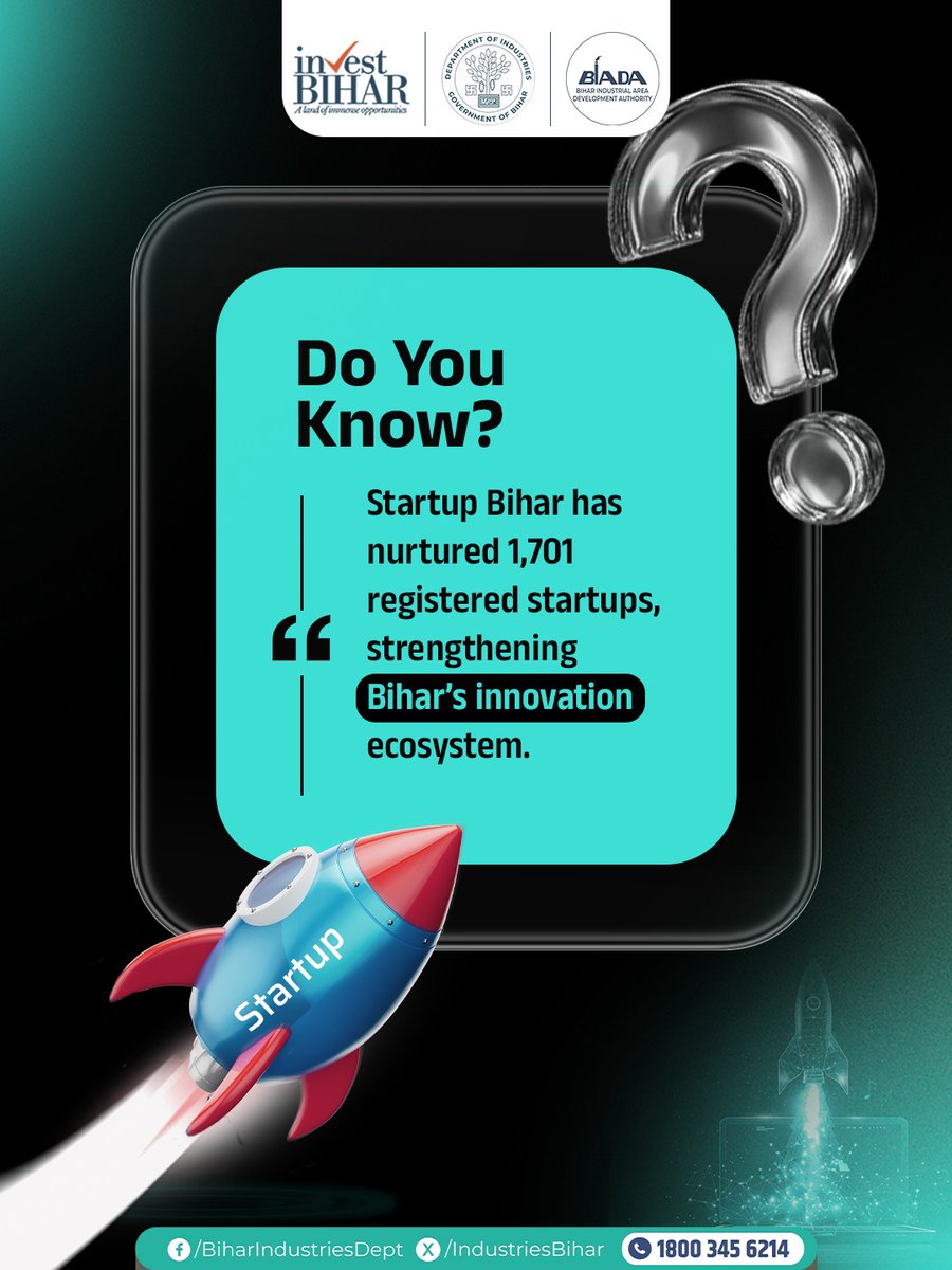 IndustriesBihar's tweet photo. From dreamers to founders, 1,701 startups have found their launchpad with #StartupBihar. Bihar is empowering the next generation of entrepreneurs.

#BiharHaiTaiyar
🚨उद्योग और रोजगार के क्षेत्र में रफ्तार पकड़ता बिहार!
#BuildAndBelieveInBihar

@PMOIndia @PiyushGoyal @CimGOI @GovernorBihar @samrat4bjp @officecmbihar @_ShreyasiSingh @kundan_ias  @amandsamir @PTI_News @ddnewsBihar @PIB_India @DoC_GoI @investBihar @BiharIndustries @BiharCabinet @ficci_india @bimcgl @BSPCBOfficial @idabihar @BIADAbihar @startup_bihar @IPRDBihar