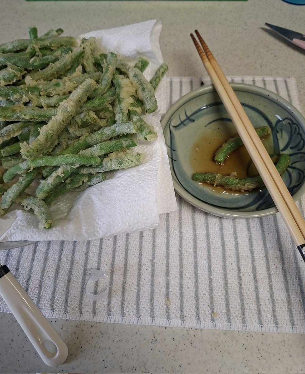 erinun5's tweet photo. 本日は隣から頂いたインゲンの天ぷらです。 つまみ食い許して https://t.co/F3rNjWVL0W