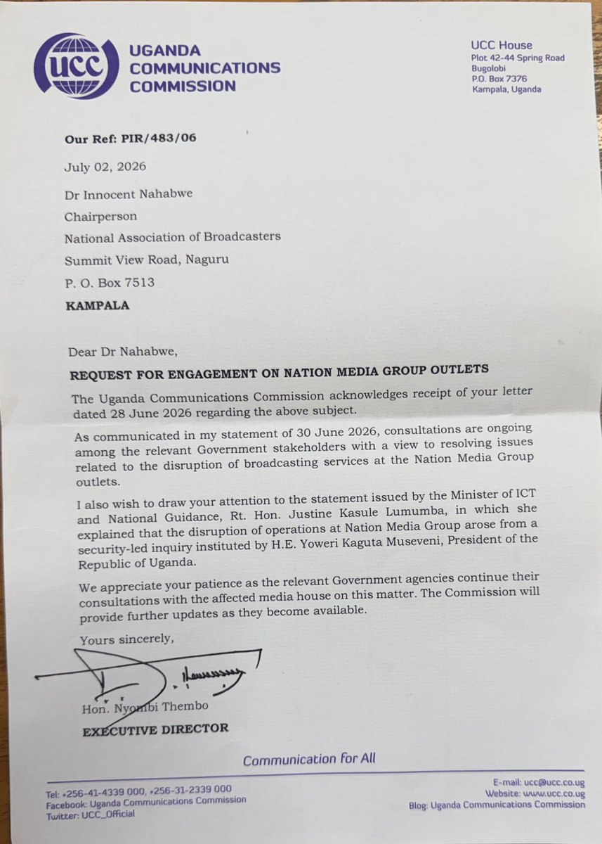 nbstv's tweet photo. UPDATE: The Uganda Communications Commission (UCC) says consultations with relevant government agencies over the disruption of Nation Media Group outlets are ongoing and has asked stakeholders to remain patient as efforts to resolve the matter continue.

Details👇

#NBSUpates https://t.co/gHWyYEKY0w