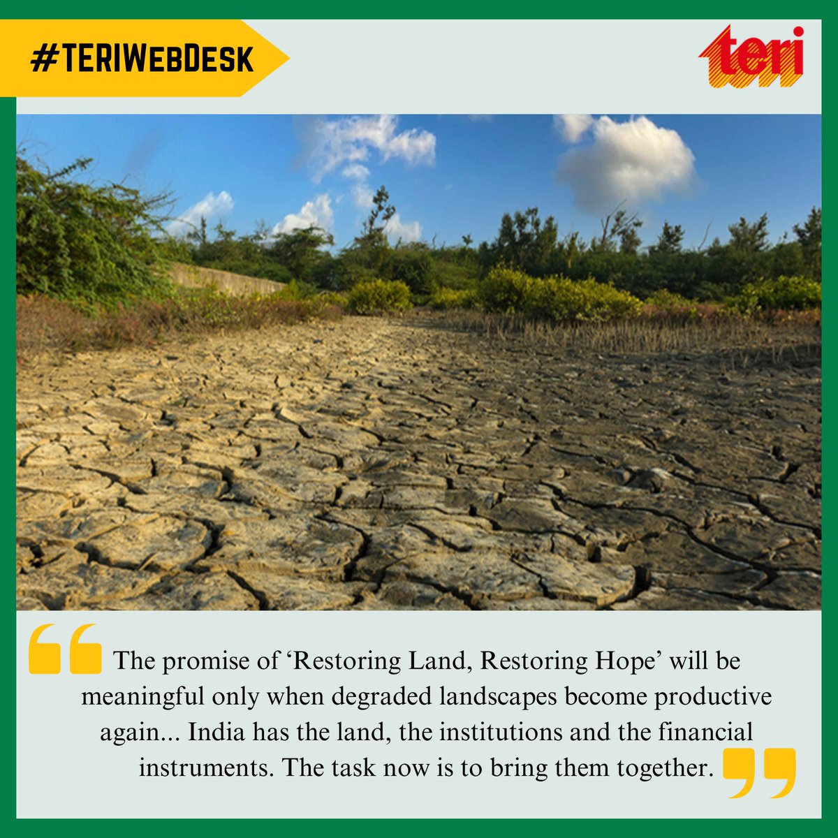 teriin's tweet photo. #FromtheTERIWebDesk
Restoring degraded land is not just an environmental priority—it is a rural development and livelihood imperative.

In his article, Restoring Land, Financing Hope, Mr Sayanta Ghosh, Associate Fellow, TERI, highlights how India can mobilise public and private finance to restore degraded landscapes, strengthen ecological resilience, and create new income pathways for farmers, pastoralists, and local communities.

Read here 👉 https://t.co/iclQfOZXum

#LandRestoration #ClimateFinance #SustainableDevelopment #RuralLivelihoods #ClimateAction #EcologicalResilience #CarbonFinance #RestoringLandRestoringHope