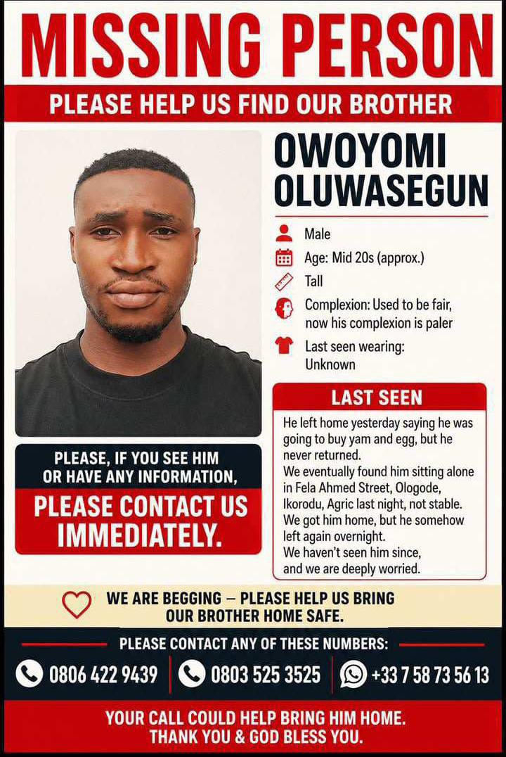 Oyinzzy_'s tweet photo. 🚨 MISSING PERSON 🚨

Please help us find this missing person.
Kindly take a moment to look through the details on the flyer. If you have any information that could help locate him, please contact the numbers provided.
Your share could make all the difference. https://t.co/TZDBL2o2P4