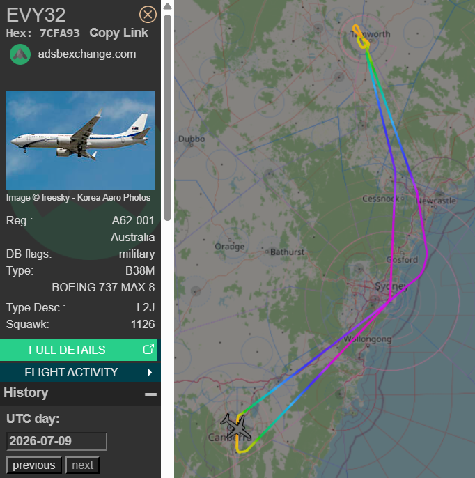 raaf_vip's tweet photo. Including a runway pass at Tamworth Airport (TMW).
Boeing 737 MAX 8 BBJ // A62-001 // Envoy 32
Route: Canberra (CBR) - Canberra (CBR)
π«: 01:06 UTC on 09/07/2026
π¬: 03:03 UTC
#RAAF #AusAirForce #A62001 #Tamworth #Canberra https://t.co/9O6hDkeqEl