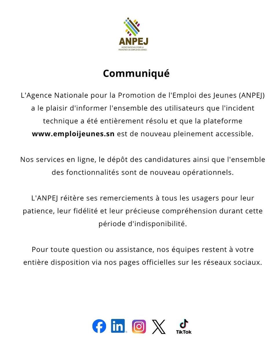 ANPEJ_Emploi's tweet photo. Nous avons le plaisir d’informer l’ensemble des usagers de nos services que notre plateforme https://t.co/jc8uYJ21NI est de nouveau accessible suite à l’incident technique survenu.
#anpej #MEFPT #sinnagaye https://t.co/gMqZCloIDu