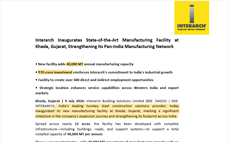 Research1008's tweet photo. Interarch Inaugurates New Facility at Kheda, Gujarat, With ₹70 crore investment.

Facility adds 40,000 MT Annual Manufacturing capacity

#Interarch #PEB #Gujarat #Plant #Investment https://t.co/DUqIgychyu