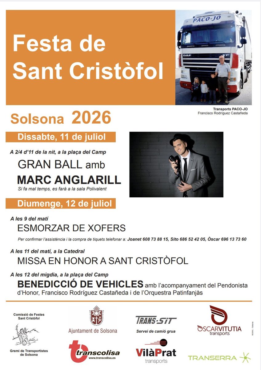solsonafm's tweet photo. Francisco Rodríguez Castañeda serà el pendonista d’honor de la Festa de St. Cristòfol d’aquest cap de setmana. El Gremi de Transportistes de #Solsona i la Comissió de Festes de St. Cristòfol han programat diverses activitats per honrar el patró dels conductors en la 96a ed. https://t.co/kI9dYaYYIx
