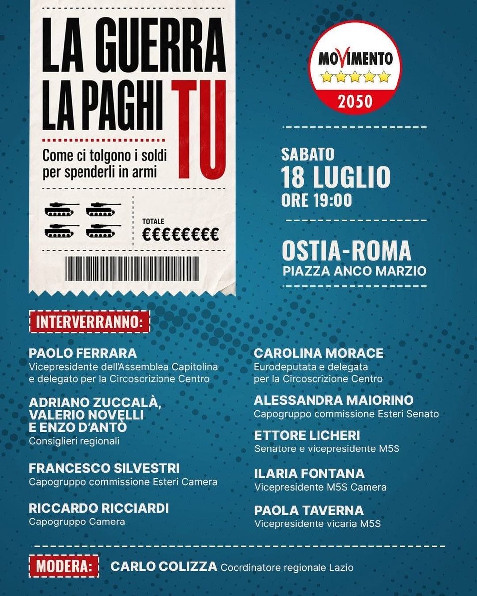 M5SRoma's tweet photo. La guerra la paghi tu: una verità chiara e tonda che il Governo si rifiuta di confessare agli italiani. 

L'enorme esborso per spese militari deciso da Meloni ha un effetto devastante su tanti settori per la nostra vita, dalla sanità ai trasporti, dall'ambiente alla cultura. https://t.co/boySS1lgAR