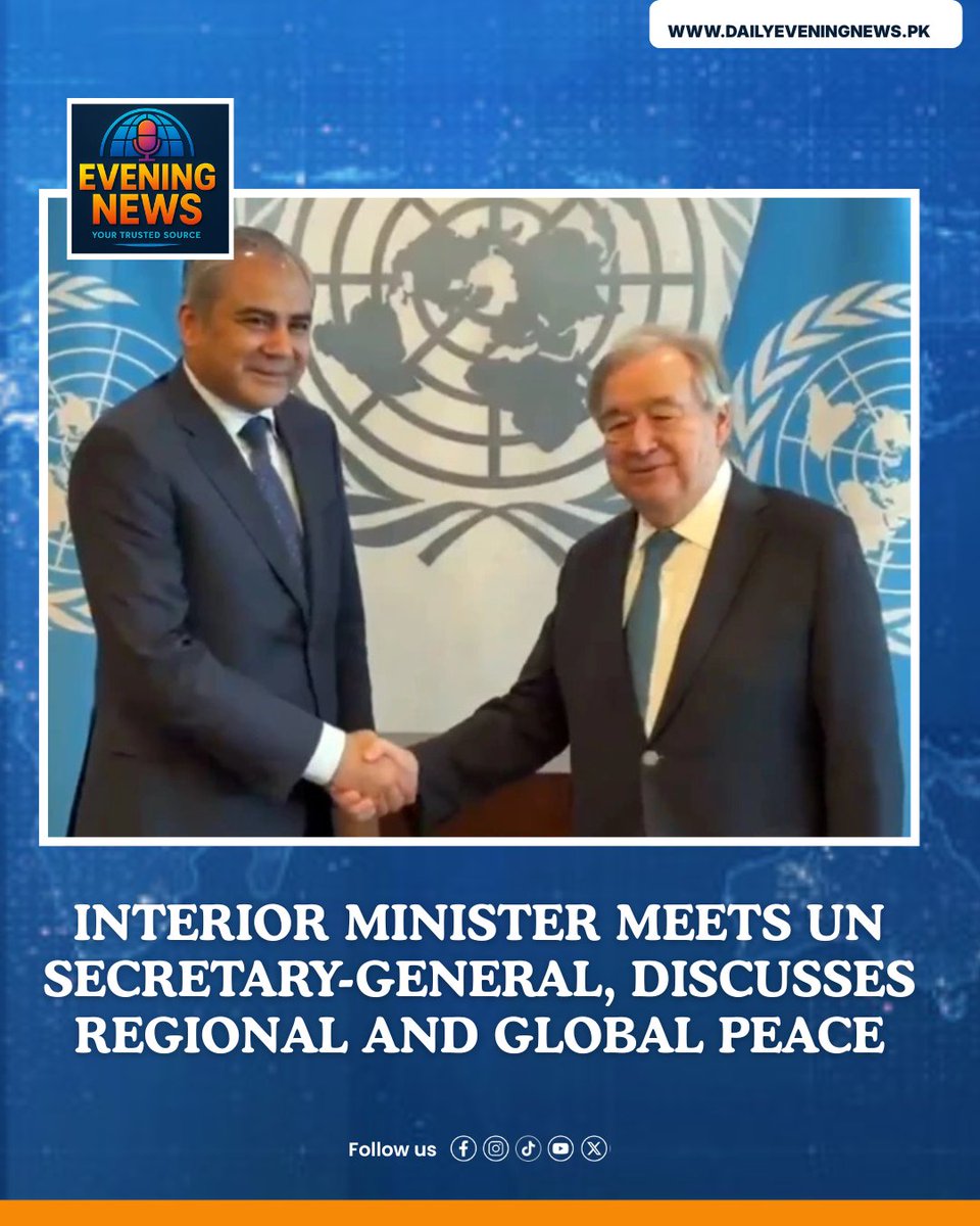 d_evening_news's tweet photo. Interior Minister Mohsin Naqvi meets UN Secretary-General Guterres in New York. Pakistan's peacekeeping contributions and West Asia mediation efforts discussed. Guterres appreciates Pakistan's role in global peace.
#Pakistan #UN #MohsinNaqvi #Peacekeeping #DailyEveningNews https://t.co/mmYycSfFpO