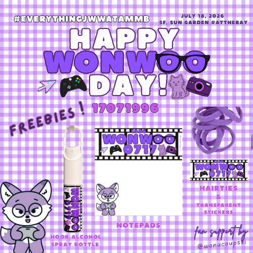 wonucoupssi's tweet photo. #EverythingJWWAtAMMB 
📅JULY 18, 2026 
📍AMMB  
💜✨fan support by @wonucoupssi 

🪻alcohol spray bottle container 
🪻notepad 
🪻purple hairties &amp; transparent stickers   

🎮rt &amp; like 
🎮strictly 1:1 | limited qty
🎮open for onsite/online trades (dm me) 
 
#FanNightsAtAMManilaBay https://t.co/hzD2PETKgh