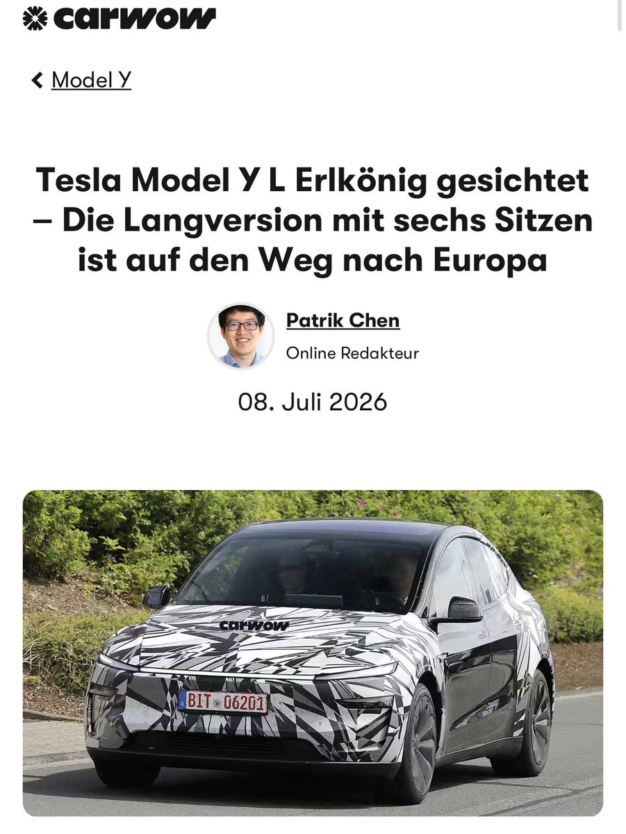 EFIEBER_ANDRE's tweet photo. 📍Tesla Model Y L fährt aktuell auf dem Nürburgring.

Teilgetarnt, mit 20-Zoll Uberhelix-Felgen ohne Aero-Cover. Sieht stark nach Europa-Erprobung aus.

Spannend: In China, Australien und den USA ist das Model Y L bereits verfügbar.

Trotzdem wäre ich mit „Launch in wenigen Wochen“ vorsichtig. Wenn die sichtbaren Tests in Europa jetzt erst laufen, spricht das eher für Homologation, Feinschliff und Vorbereitung.

Aber klar ist auch: 
Das Model Y L kommt Europa deutlich näher.