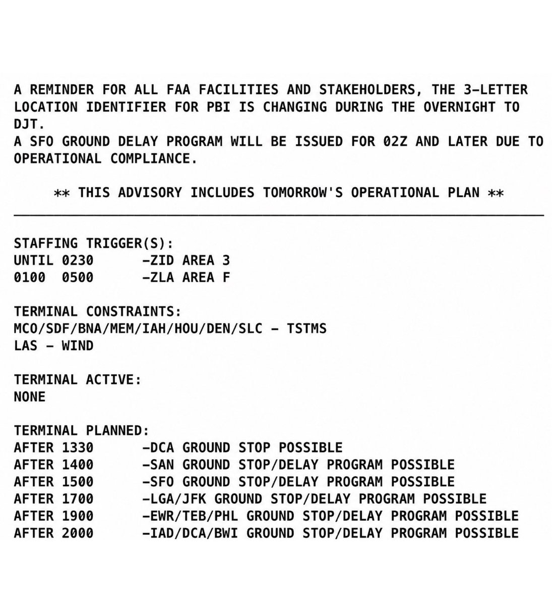 TheInsiderPaper's tweet photo. NEW: The FAA has informed air traffic controllers across the country that Palm Beach International Airport will adopt a new three-letter identifier, changing from PBI to DJT overnight, following its official renaming to Donald J. Trump International Airport. https://t.co/nRjLhRCm1k