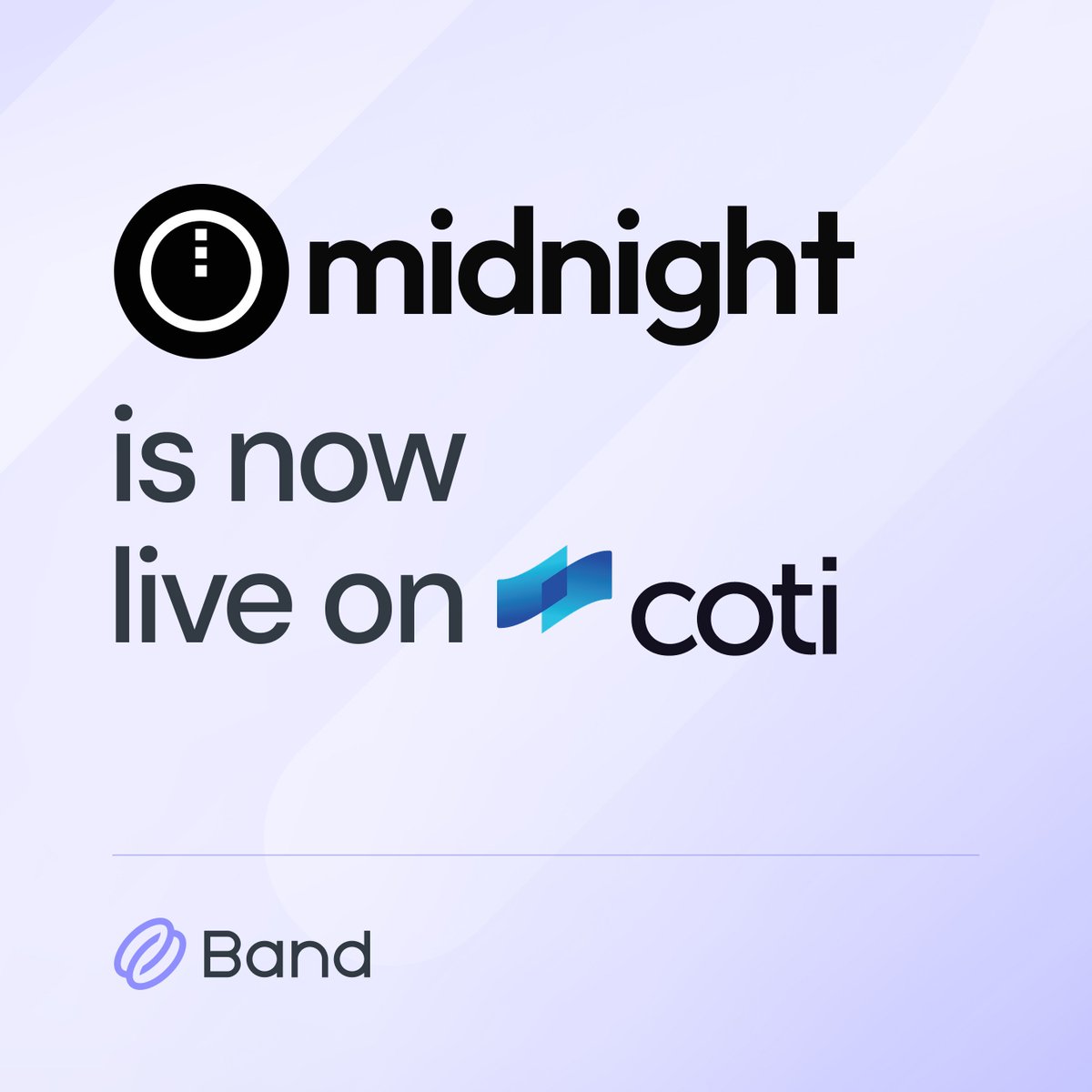 BandProtocol's tweet photo. Privacy²

The native token of @MidnightNtwrk, now live on the privacy chain.

Band Price Feed for $NIGHT is now available for devs on @COTInetwork, powering privacy-first dApps with the data infrastructure they deserve.

Start building your privacy-first dApps today. https://t.co/n4fbDFFzrO