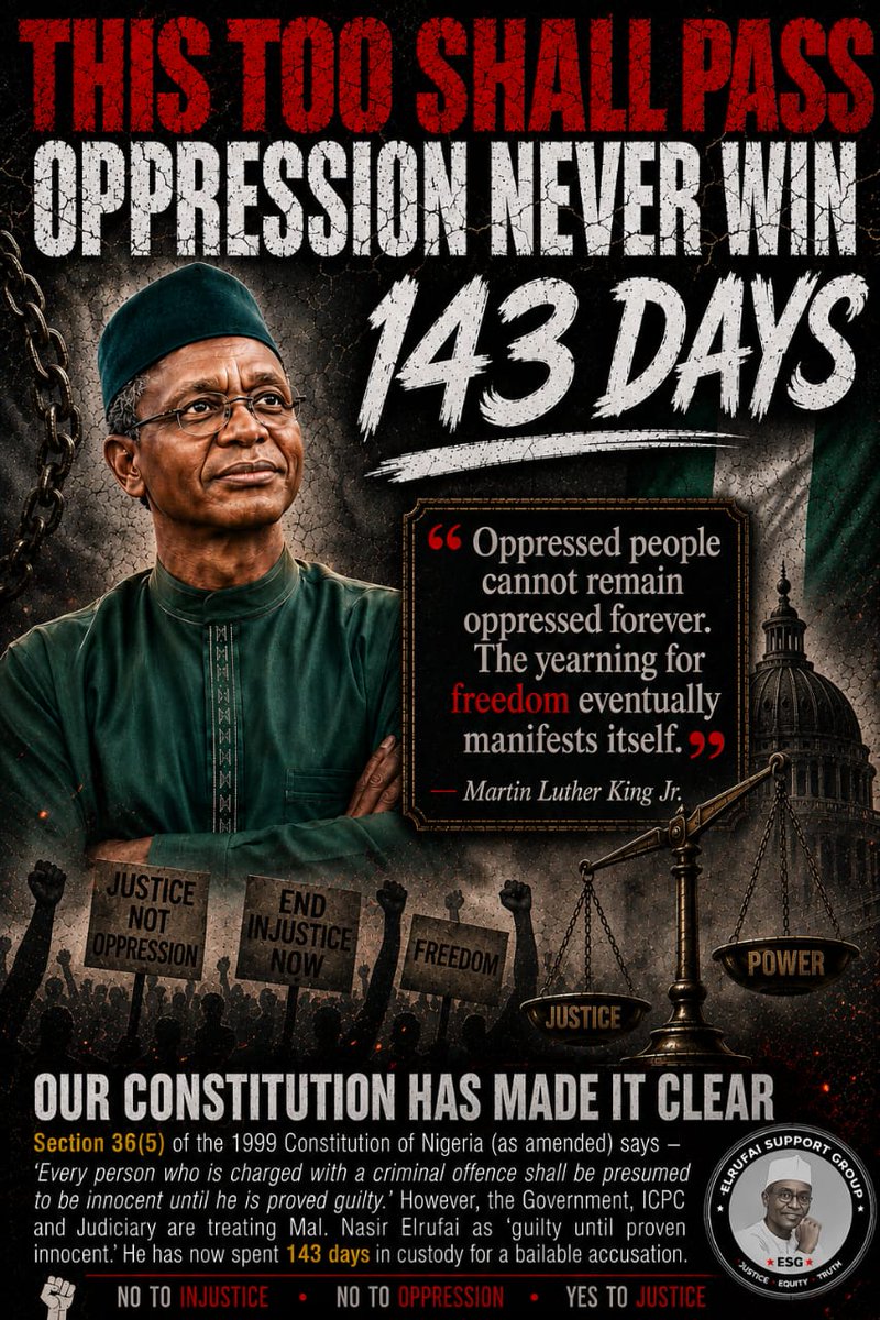 Larabs36's tweet photo. #DaysCount 

143 DAYS.
143 DAYS ..
143 DAYS ...
143 DAYS ....

And Still Counting ...

#IStandWithElrufai
#NoRetreatNoSurrender 
#EyesOnTheBall 
#TheElrufaists 
#ESG 

©️ Balarabe Lawal https://t.co/wzeFsxyYZW
