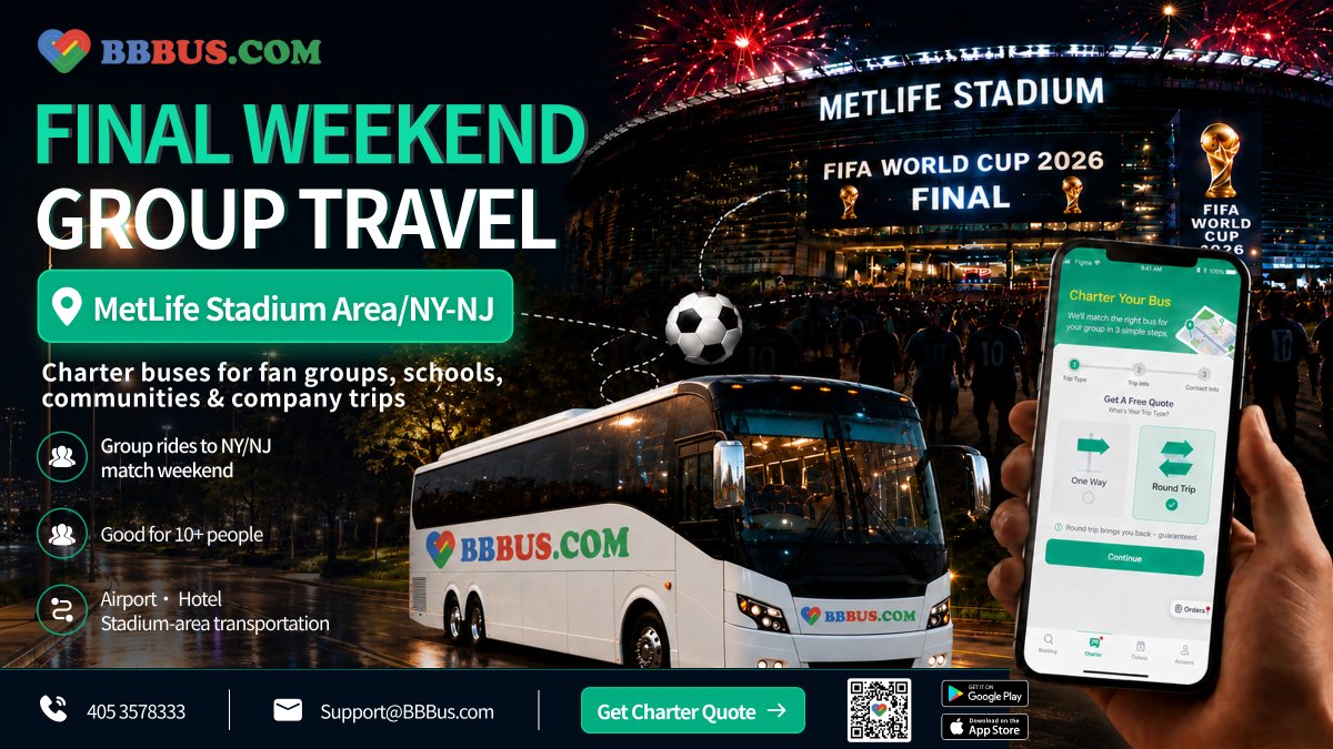 BBBUS_COM's tweet photo. Traveling with a group for World Cup events, watch parties, or summer activities? BBBUS charter service is available for teams, families, schools, and company trips. DM us for charter options.
#charter #soccer #metlifestadium #grouptravel #fifaworld #NewYorker #albany https://t.co/VfkCGvROgK