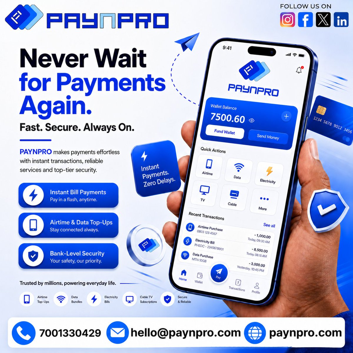 paynpro's tweet photo. ⚡ Never Wait for Payments Again.
Airtime · Data · Electricity · TV · Cable All instant. All secure. Zero delays. 💙✅
⚡ Instant Bill Payments
📱 Airtime & Data Top-Ups
🔐 Bank-Level Security Fast. Secure. Always On. 🚀
👇 https://t.co/N6cz6w70nu
#PayNPro #NeverWait https://t.co/N3veRS2OqG