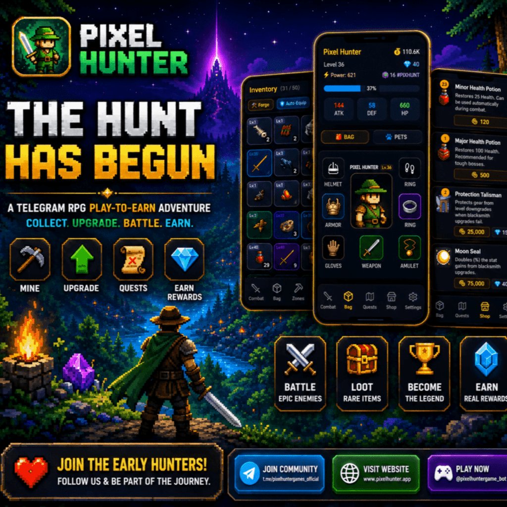 pixelhunterlab's tweet photo. The Hunt Has Begun! ⚔️

​Discover Pixel Hunter, the ultimate Telegram RPG adventure. Mine, upgrade your gear, battle epic enemies, and earn real rewards.

​Join the early hunters today and start your journey!

​🕹️ Play Now: https://t.co/RZgjGddMj2

🌐 Website: https://t.co/NM2WwghQun

​$PIXHUNT #PixelHunter #PlayToEarn #Web3Gaming #TON #airdrop
