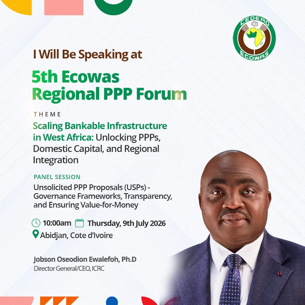 JOBSON_EWALEFOH's tweet photo. Today, I will be speaking during the panel session on “Unsolicited PPP Proposals (USPs): Governance Frameworks, Transparency, and Ensuring Value-for-Money.”

Across Africa, unsolicited proposals continue to present both opportunities and challenges. When supported by strong governance, transparent evaluation processes, and rigorous value-for-money assessments, they can unlock innovation, accelerate project delivery, and complement government infrastructure priorities. Without these safeguards, however, they risk undermining competition, public confidence, and investor certainty.

I look forward to joining distinguished policymakers, investors, development partners, and PPP practitioners at the 5th ECOWAS Regional PPP Forum in Abidjan, Côte d’Ivoire.

#ECOWASPPPForum #PPP #Infrastructure #WestAfrica