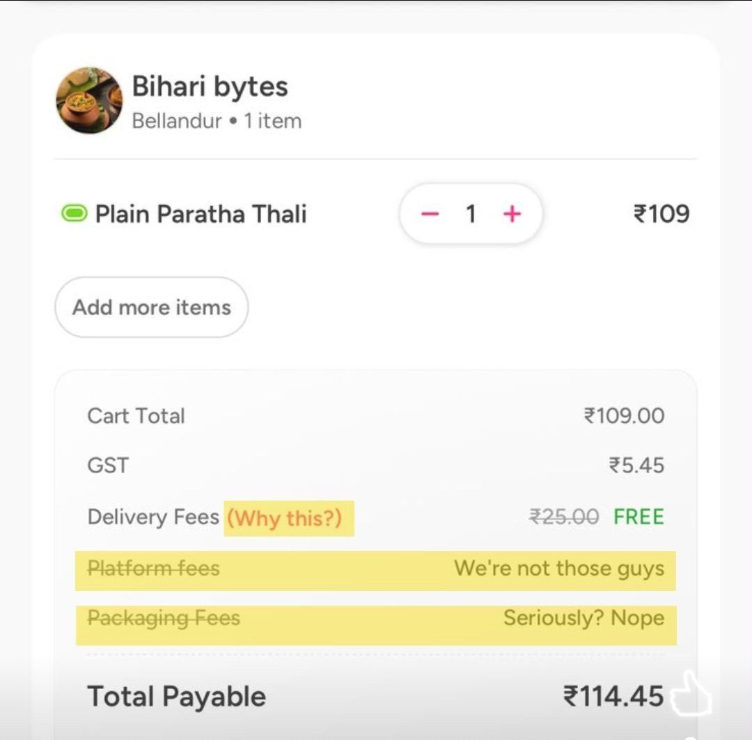 iavinashkjha's tweet photo. Ownly by Rapido is roasting its competitors Zomato and Swiggy like a pro.

Charges like packaging fees are unethical and these food delivery apps have quietly increased their platform fees over the years.

Rapido is silently killing the competition. When can we expect it in NCR? https://t.co/bkAjRX7spj
