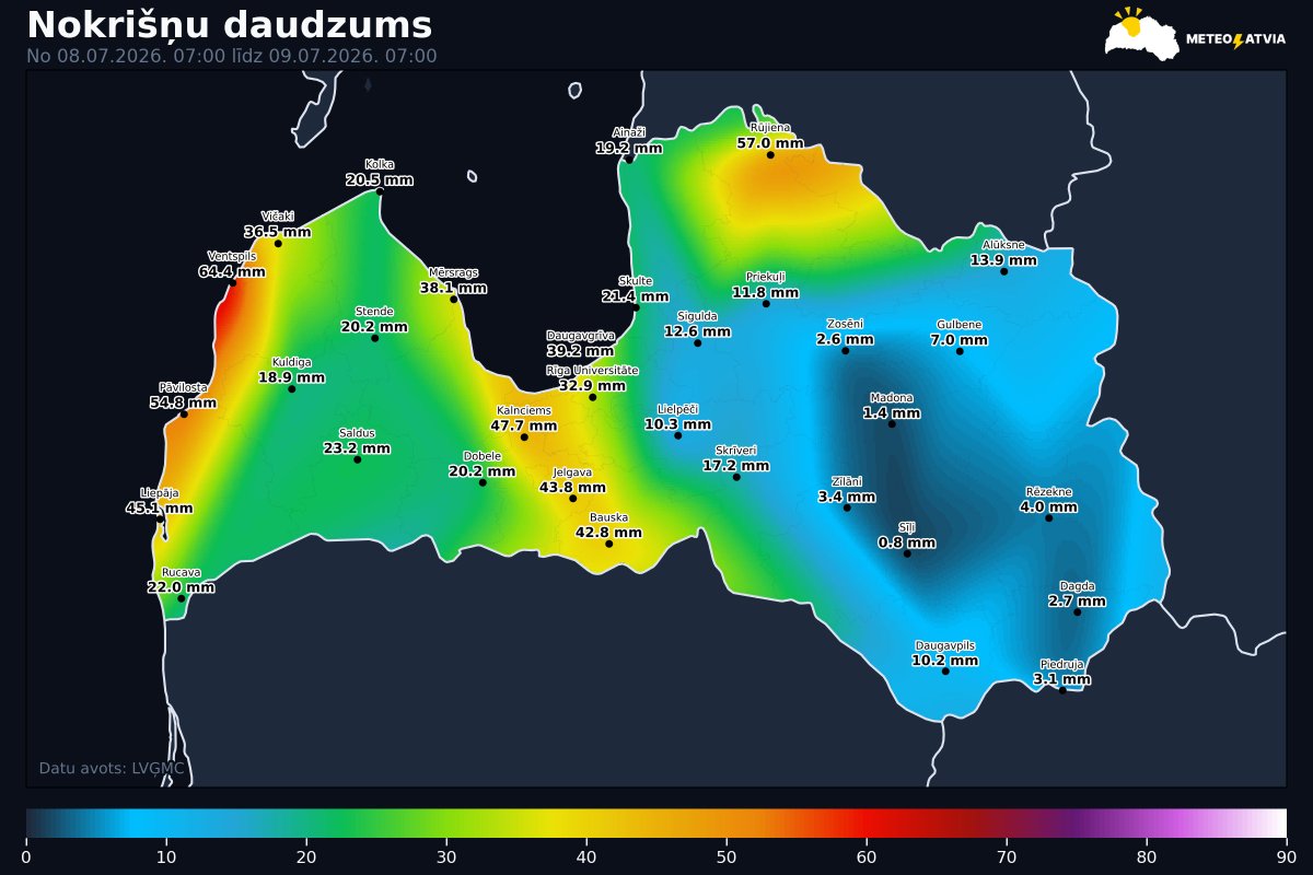MeteoLatvia's tweet photo. Jau vakar (08.07.) virs Baltijas jūras sāka veidoties aktīvs ciklons, kas dienas laikā, ar centru, virzījās pāri Lietuvai. Satelītattēlos tas bija redzams kā izteikts, skaists mākoņu virpulis. Tik izteiksmīgus un labi strukturētus ciklonus negadās redzēt bieži, it sevišķi vasaras vidū.

Dienas laikā stiprākie nokrišņi novēroti Baltijas jūras piekrastē - Ventspils, Pāvilostas un Liepājas apkārtnē, ap 45-65 mm. Vakarā un aizvadītajā naktī Vidzemes ziemeļos un valsts centrālajā daļā - Rūjienas, Mērsraga, Jūrmalas, Rīgas, Kalnciema, Jelgavas un Bauskas apkārtnē, ap 45-60 mm. Šajos reģionos (oranžais brīdinājums) applūdušas zemākās vietas, ceļi, bet kā jau prognozēts, lai arī nokrišņu daudzums liels (aptuveni 2/3 no visa jūlija nokrišņu daudzuma normas), tomēr applūšana īslaicīga.

Šī paša ciklona ietekmē arī šodien un rīt vietām gaidāms īslaicīgs, brīžiem stiprs lietus, ko var pavadīt arī pērkona negaisa izlādes.
