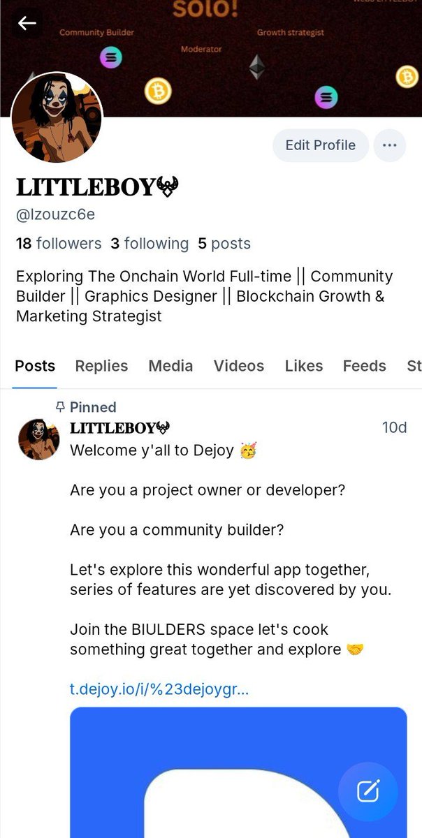 littleboyy_1's tweet photo. DISCOVER ON DEJOY SIMPLY JUST FEELS LIKE USING X BUT IT'S BUILT FOR WEB3.

If you've ever used X (Twitter), you'll feel right at home. Discover gives you a familiar social feed where you can see updates from the people and projects you follow, while keeping everything inside the DeJoy ecosystem.

With Discover, you can create posts, share images, use hashtags, repost content, and build your own profile with a bio, profile picture, and banner. You can also follow other users, connect with communities, and keep up with the latest updates from builders and projects.

Finding content is simple too. You can search for users, explore different feeds, save posts to read later, create lists to stay organized, and manage your experience with built-in moderation tools.

The best part is that you don't have to switch between different apps to stay connected with your Web3 communities. Whether you're a builder, community member, trader, or just exploring the space, Discover gives you a familiar social experience while keeping you close to everything happening on DeJoy.

Think of it as the social side of DeJoy a place to connect, share ideas, discover new communities, and stay updated, all in one app. 

Follow me on Dejoy discover:- https://t.co/6zWeOm32Vc

Join Dejoy biulders community let's build with team:- https://t.co/uDfxsqRx4j
#Dejoy
