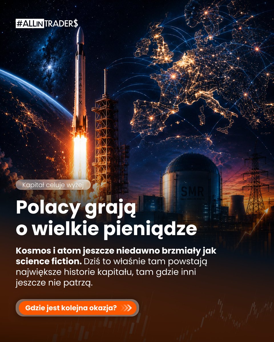 ALLinTradersPL's tweet photo. Polski kapitał wychodzi w kosmos. Dosłownie i w przenośni.

Mamy nowego najbogatszego Polaka. Łukasz Nosek zbudował fortunę na inwestycji w SpaceX, w którą wszedł, gdy firma Elona Muska była na skraju bankructwa i nikt nie chciał dać jej ani dolara. Przez lata jego pakiet rósł po cichu, na rynku prywatnym, poza zasięgiem GPW i zwykłego brokera. Dopiero giełdowy debiut SpaceX i wycena sięgająca 2 bilionów dolarów pokazały skalę: około 24 miliardów złotych i pierwsze miejsce na liście Wprost.

W tym samym tygodniu Michał Sołowow ogłosił podbój Wielkiej Brytanii. Jego Synthos Green Energy chce postawić tam 14 małych reaktorów jądrowych SMR, które zasilą około 8 milionów brytyjskich domów. Polski miliarder eksportuje technologię energetyczną do kraju G7 dokładnie w momencie, gdy cały świat szuka stabilnych źródeł energii pod AI i elektryfikację.

Kosmos i atom. Dwie branże, które dekadę temu brzmiały jak science fiction, dziś budują największe polskie fortuny. I jedna wspólna lekcja: wielkie pieniądze robi się tam, gdzie inni jeszcze nie patrzą, zanim okazja trafi na pierwsze strony gazet.

Pytanie, które warto sobie zadać: co dziś brzmi jak science fiction, a za 10 lat będzie oczywistością?

#polska #inwestowanie #pieniadze #sukces #biznes