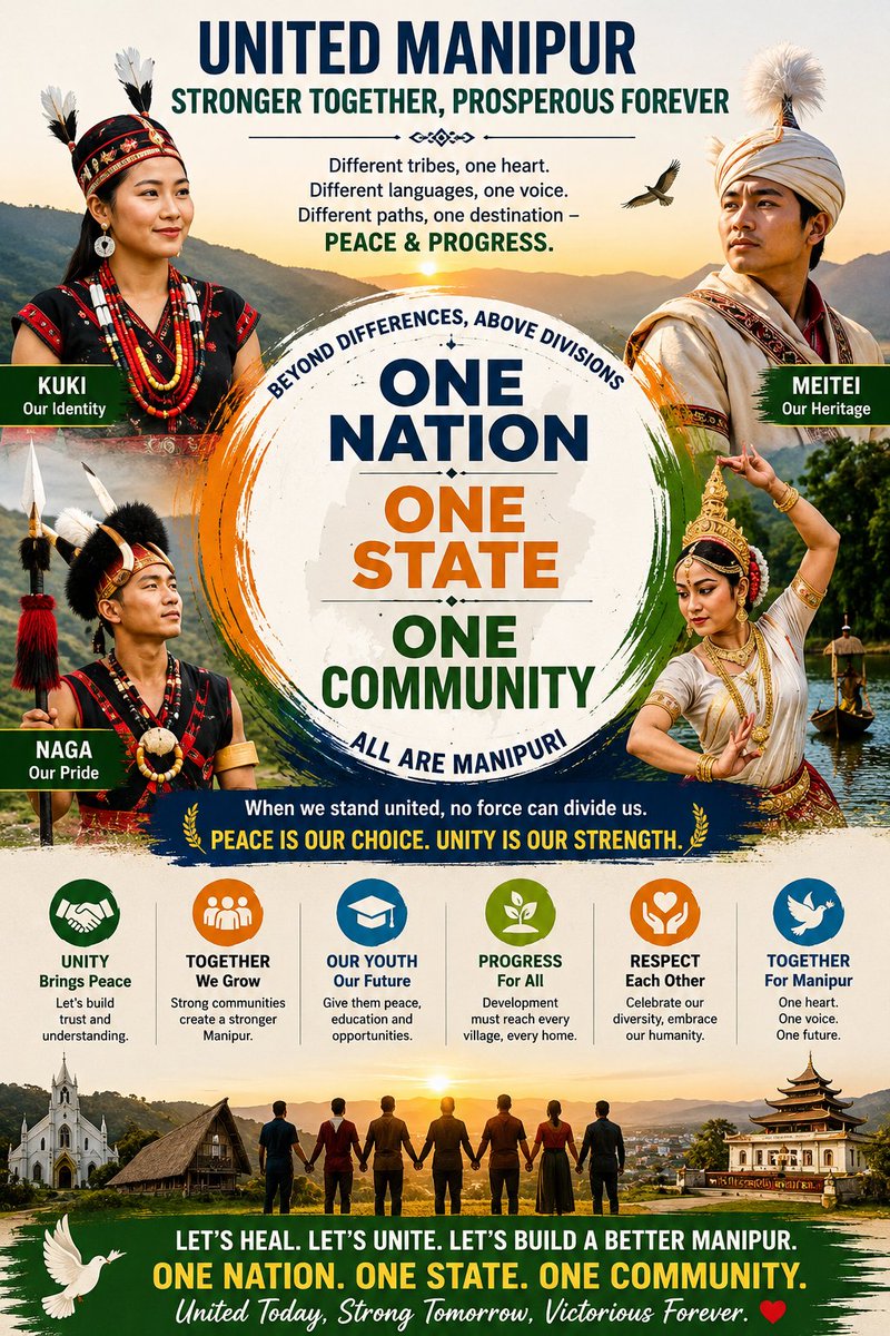 customheritage4's tweet photo. "Our diversity is our greatest strength." Together, Kuki, Naga and Meitei can write a new chapter of peace, hope and development.  #UnitedManipur #NortheastIndia #TogetherForPeace #PeaceAndDevelopment #OneManipur #UnityInDiversity #Manipur https://t.co/EhWdq0fuqR