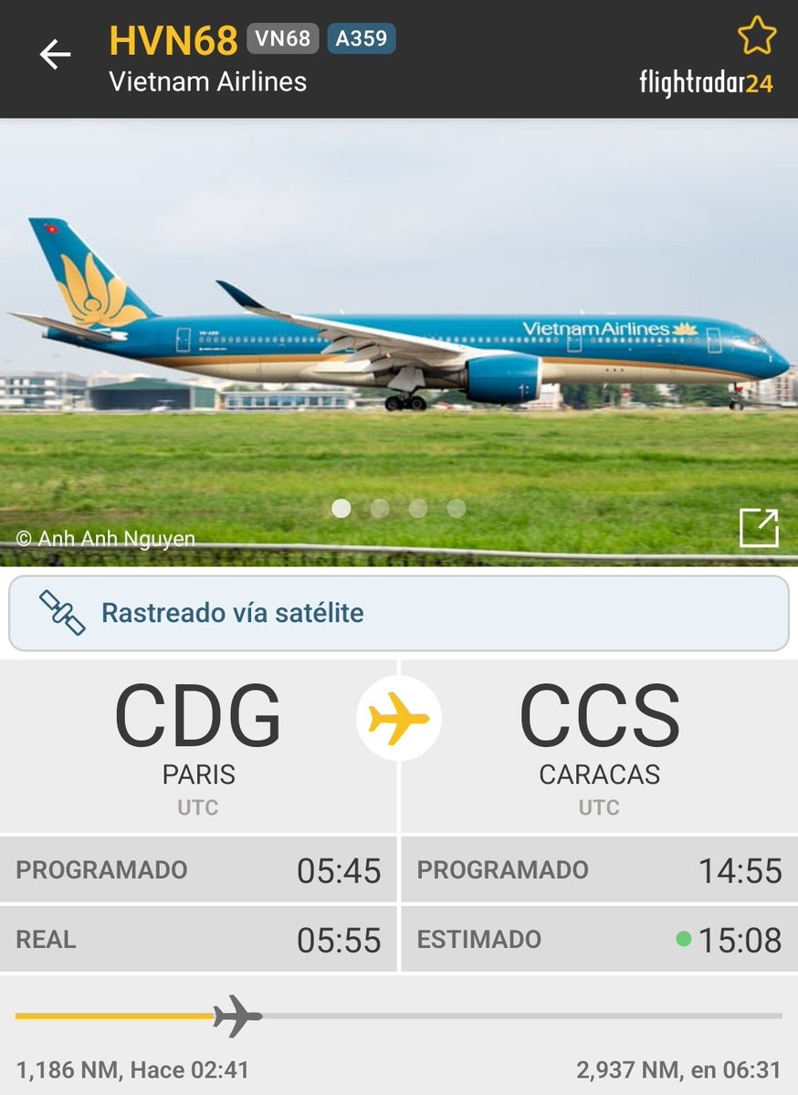 Arr3ch0's tweet photo. Vietnam Airlines VN-A891 procedente de Hanoi vía Paris en ruta a Maiquetía 🇻🇪. Ya el 30 de Junio llegó un vuelo con ayuda humanitaria procedente de Vietnam. Son más de 20 horas de vuelo!
Gracias Vietnam! https://t.co/rjZh0wvFW5