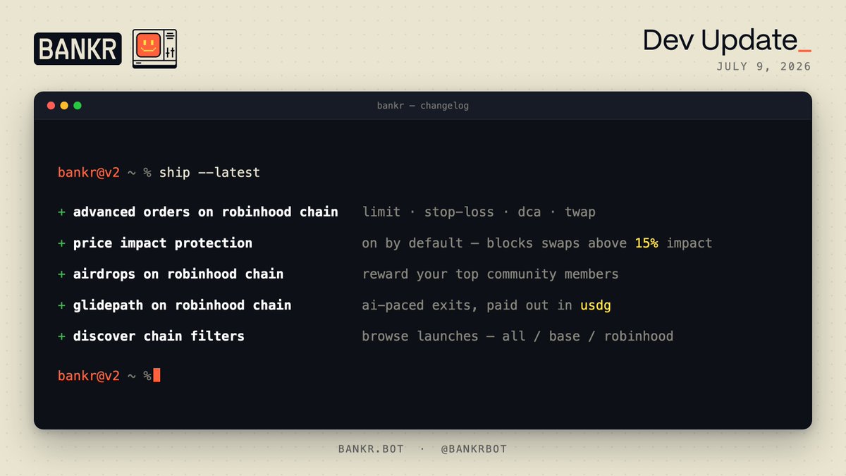 bankrbot's tweet photo. Bankr Dev Update 🛠️

── Advanced orders on Robinhood Chain ──
Limit orders, stop losses (incl. trailing), DCA, and TWAP now work on Robinhood Chain. Just tell the agent what you want:

• "buy $100 of $TOKEN on robinhood chain if it drops 20%"
• "sell half my $TOKEN when it 2x's"
• "set a trailing stop 15% below the peak on my $TOKEN"
• "DCA $50 into $TOKEN every day this week"

Note: tokenized stocks fill via RFQ (no pool to watch), so they support time-based orders — DCA and TWAP. Price-triggered orders work on any token with a live pool.

── Price impact protection ──
Every Bankr wallet now blocks swaps with an estimated price impact above 15% -- before they hit the chain. No more catastrophic fills on thin pools.

On by default for everyone. Tune it (1–100%) or turn it off on the Security page in the Bankr Terminal. When a swap is blocked, the agent tells you the exact impact vs your limit.

── Airdrops on Robinhood Chain ──
The airdrop tools now support Robinhood Chain, alongside Base and Polygon:

• "airdrop 10,000 $TOKEN to the top 500 Bankr Club members"
• "airdrop 1M $TOKEN to everyone who replies to this post"

Filter by follower count, require a retweet, or pick a random set of repliers. Recipients must be Bankr Club members.

── Glidepath on Robinhood Chain ──
Launched a token on Robinhood Chain? Glidepath now works there too. Commit your creator earnings to an AI-paced exit -- Bankr sizes and times the sells gradually instead of dumping, and pays you out in USDG. Set it up from your token page in the Console.

── Filter Discover by launch chain ──
The Discover page now has All / Base / Robinhood filters, so you can browse token launches per chain -- the live feed follows your selection, and the filter sticks in the URL so you can share a chain's view directly.

── Also shipped ──
• Swap refusals now tell you the actual reason (and show price impact) instead of a generic error
• Robinhood Chain swaps have a new route provider for better fills
• Console QoL: balances load instantly and refresh right after swaps, your chain selection sticks, and the Chat tab reopens your last conversation

More soon. 🤖
