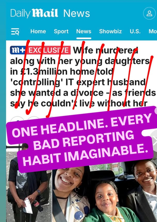 TheRight_Words_'s tweet photo. Well, thank goodness we got the really important facts first!

The house price. Her wanting a divorce. Friends speculating about his feelings.

The headline somehow avoids properly linking the terrible crimes to the man who is actually accused of committing them.

That’s quite an achievement!

@DailyMail, the headline doesn’t need a property valuation or a sympathy-building backstory. IT NEEDS THE PERPETRATOR!

We invite you to join our campaign.

Name the crime. Point out the perpetrator. Rewrite the blame.

#TheRightWords #ResponsibleReporting #MediaLanguage