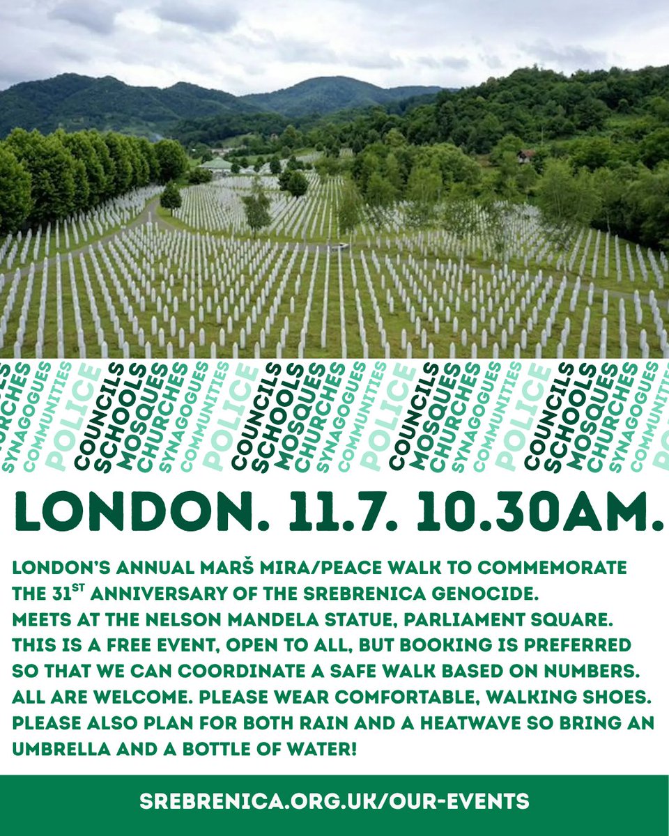 SrebrenicaUK's tweet photo. In London on Saturday, the annual peace walk takes place at 10.30, starting at Parliament Square. Booking is not required, but is preferred and full details can be found here: https://t.co/FkRTplI9ka
#RememberingSrebrenica #Srebrenica31 #WeAreHere https://t.co/Nzu6T2L03U