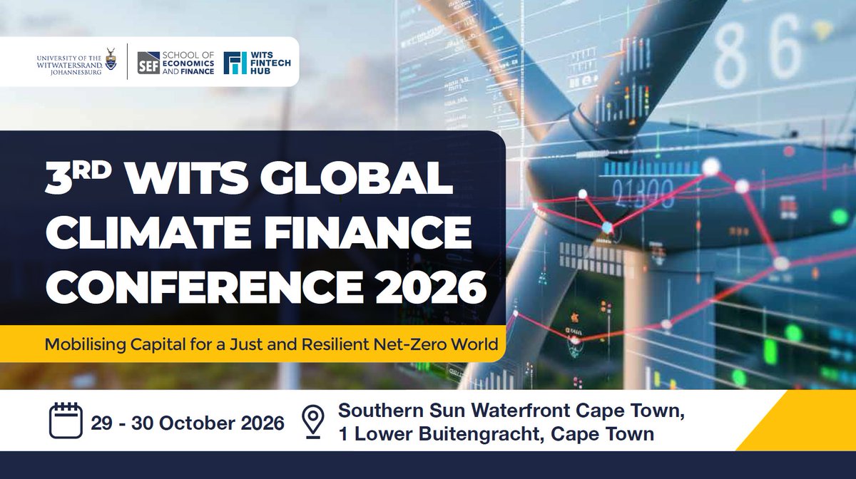 wits_sef's tweet photo. 📍 CALL FOR PAPERS

The Wits Fintech Hub will be hosting two concurrent conferences on 28 - 30 October 2026. 

The second conference (3rd Wits Global Climate Finance Conference) will take place on 29–30 October 2026. 

For more info, follow this link: https://t.co/eah86GwKHP https://t.co/FqjTLvhp5F