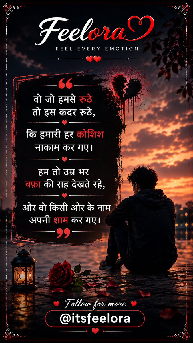 itsfeelora's tweet photo. 💔 वफ़ा की राह देखते रहे,
और वो किसी और के नाम अपनी शाम कर गए... 🥀

#SadShayari #BrokenHeart #Heartbreak #Feelora #LoveQuotes https://t.co/3byfvLeFWR