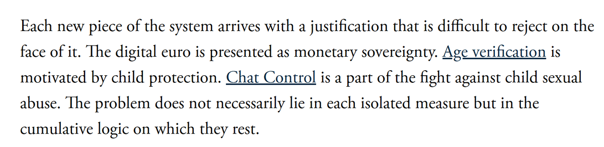 AshleyAFrawley's tweet photo. This is a goldmine for writers of dystopian fiction. I can imagine a character reflecting from within an authoritarian digital cage: "Well, at first we needed the chat control to protect the children..."

https://t.co/oP9opGlmlo https://t.co/r09USn6Onq