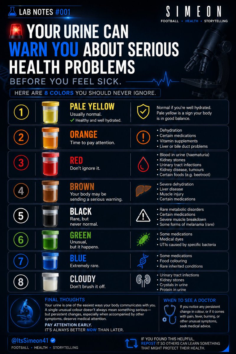 ItsSimeon41's tweet photo. Most people only pay attention when it hurts to urinate. But sometimes, the colour of your urine can reveal dehydration, infections, liver disease, kidney problems, or even internal bleeding.

Your urine can warn you about serious health problems before you feel sick.

Here are 8 urine colours you should never ignore.