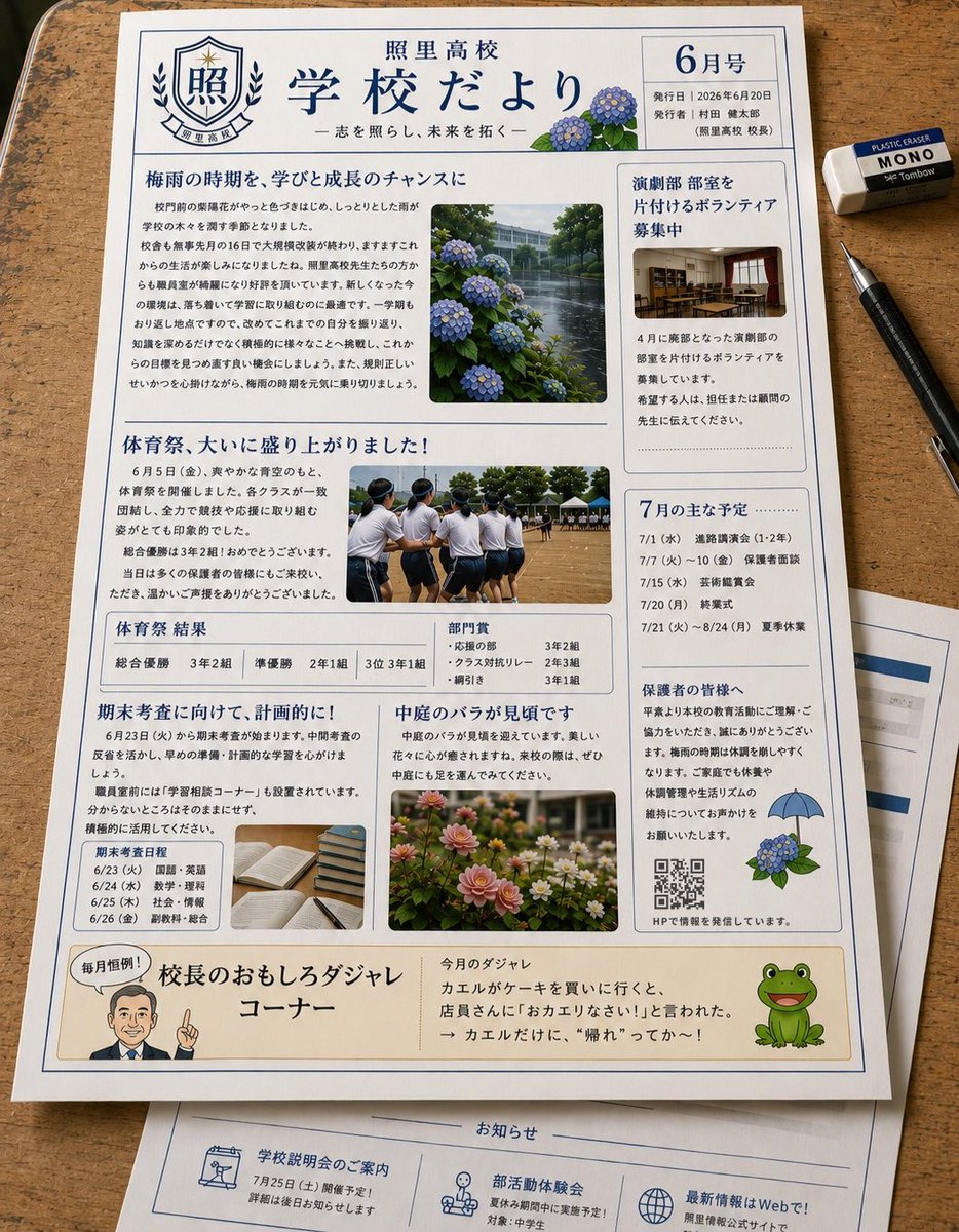 shori_hs's tweet photo. 【事件①】

照里高校名物の校長によるおもしろダジャレコーナー付き学校だより、面白くなくなる。

6月号の学校だよりがいつもとなにか違うから調べてくれ、とDMがあった。
たしかにダジャレがあまりにも面白くない。普段はもっと面白いのに…

情報を求む！

 #照里高校 #謎解き https://t.co/m6KupVZ0kS