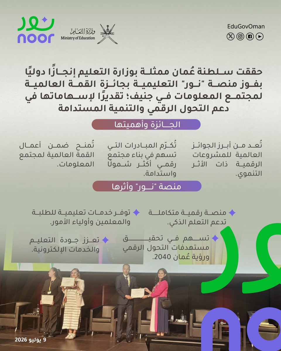 EduGovOman's tweet photo. #وزارة_التعليم |

حققت سلطنة عُمان ممثلة بوزارة التعليم إنجازًا دوليًا بفوز #منصة_نور التعليمية بجائزة القمة العالمية لمجتمع المعلومات في جنيف.

#تعلم_مستدام https://t.co/tfJ8QpSOt1