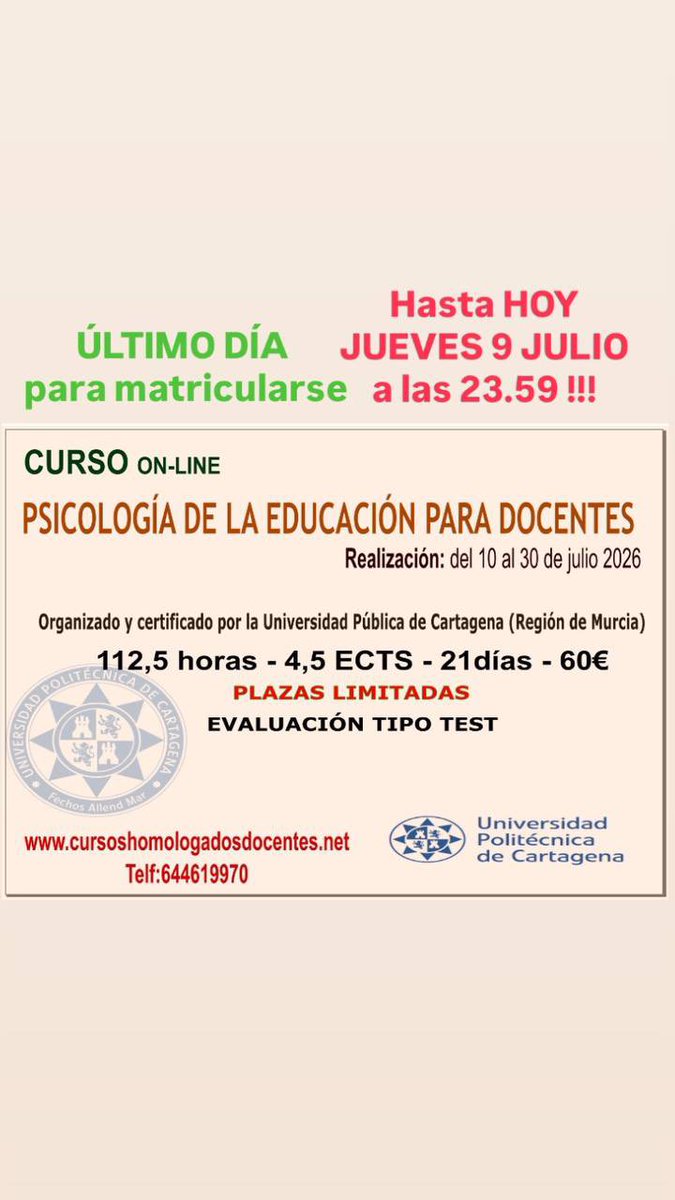OpoDocentes's tweet photo. 👉CURSO 100% ONLINE CERTIFICADO E IMPARTIDO POR LA UNIVERSIDAD PUBLICA UPCT DE MURCIA    
👉Más información de éste y de otros cursos en    
👉👉Web: 
https://t.co/i7qHufBCAA
👉👉Teléfono de contacto: 644619970 (también whatsaap) https://t.co/BBnxgH1uDu
