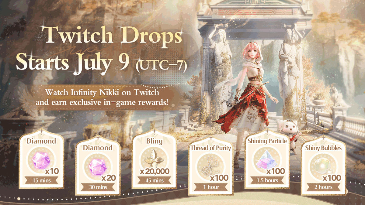 InfinityNikkiEN's tweet photo. Twitch Drops for Version 2.8 Preview are coming soon!
Watch any participating streamers and claim your rewards as you go!

Event Period:
July 9 – July 16, 2026 (UTC-7)

How to join:
Link your Twitch and Infinity Nikki accounts here
➤https://t.co/NYwibbZ4wb

——
➤ Infinity Nikki Version 2.8 Golden Dust launches globally on July 16 (UTC-7)!
➤ Download Now: https://t.co/soaPebzlY9
➤ Join us on Facebook Group: https://t.co/rabLOeX3ac
#InfinityNikki
#GoldenDust
#GoldenCity